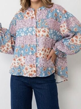 Fate Patchwork Floral Blouse in Blue, Lavender, Cream